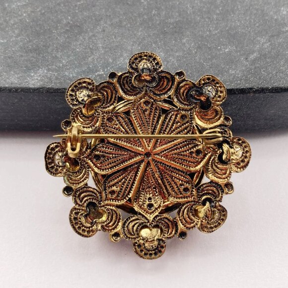 VINTAGE Red and black foil glass faux pearl AB rhinestone filigree round brooch - Picture 8 of 8